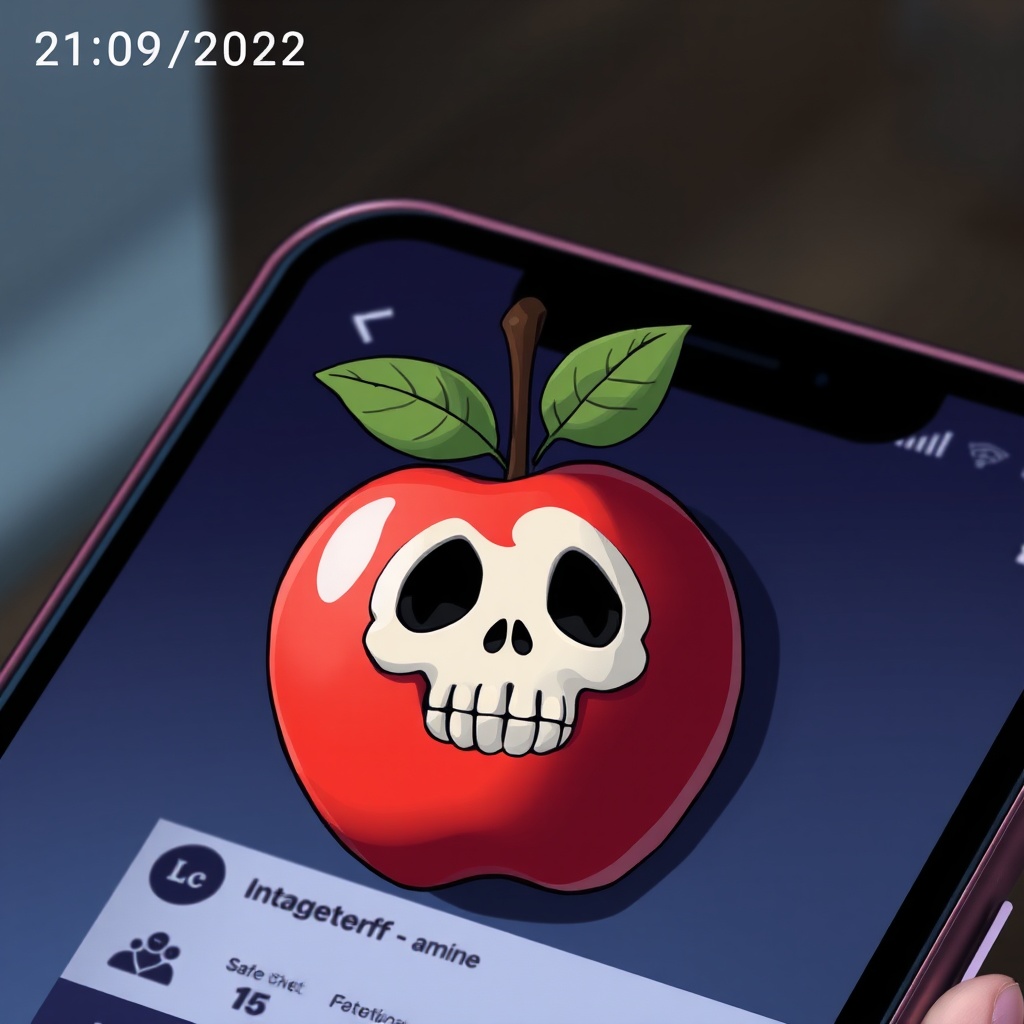 AI generated image by FLUX.1-schnell: A anime  apple with a skull face hangs from a hook on a cell phone screen, which is displaying an Instagram page. The image has the date and time stamp of 21/09/2022 at 22:35 in the upper left corner.