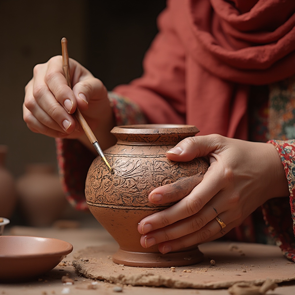 AI generated image by FLUX-Realism-Lora: The design should feature a close-up of the delicate hands of a Persian girl carefully painting intricately carved patterns on traditional pottery, with the girl's left hand holding the bottom of the pot and her right hand working the front of the pot (relative to the girl). The background should be simple and not a collection of colorful ceramic patterns with beautiful earthenware designs. The main and dominant color should be "ruby and pomegranate red", and gold and deep brown colors should be avoided to evoke tradition and heritage, and instead warm colors similar to the main color should be used to help enhance the beauty of the space and provide more contrast to the environment. 
