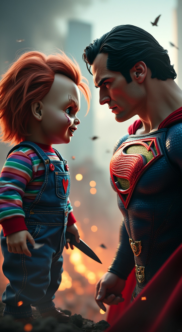 AI generated image by FLUX.1-pro: "Create an ultra-realistic 4K image of Chucky and Superman facing off, both looking directly at the camera. Chucky, the creepy doll with his signature overalls, knife in hand, and a sinister grin, stands menacingly on the left. Superman, in his iconic blue and red suit with the 'S' emblem, exudes power and determination on the right. The background is a chaotic, destroyed cityscape with crumbling buildings, fire, and debris flying everywhere. The lighting is dramatic, with intense shadows and highlights, emphasizing the tension between the two characters. The atmosphere is dark and ominous, with a cinematic feel. Render in 4K resolution with hyper-realistic details, including textures on Chucky's stitched face, Superman's flowing cape, and the gritty environment around them."