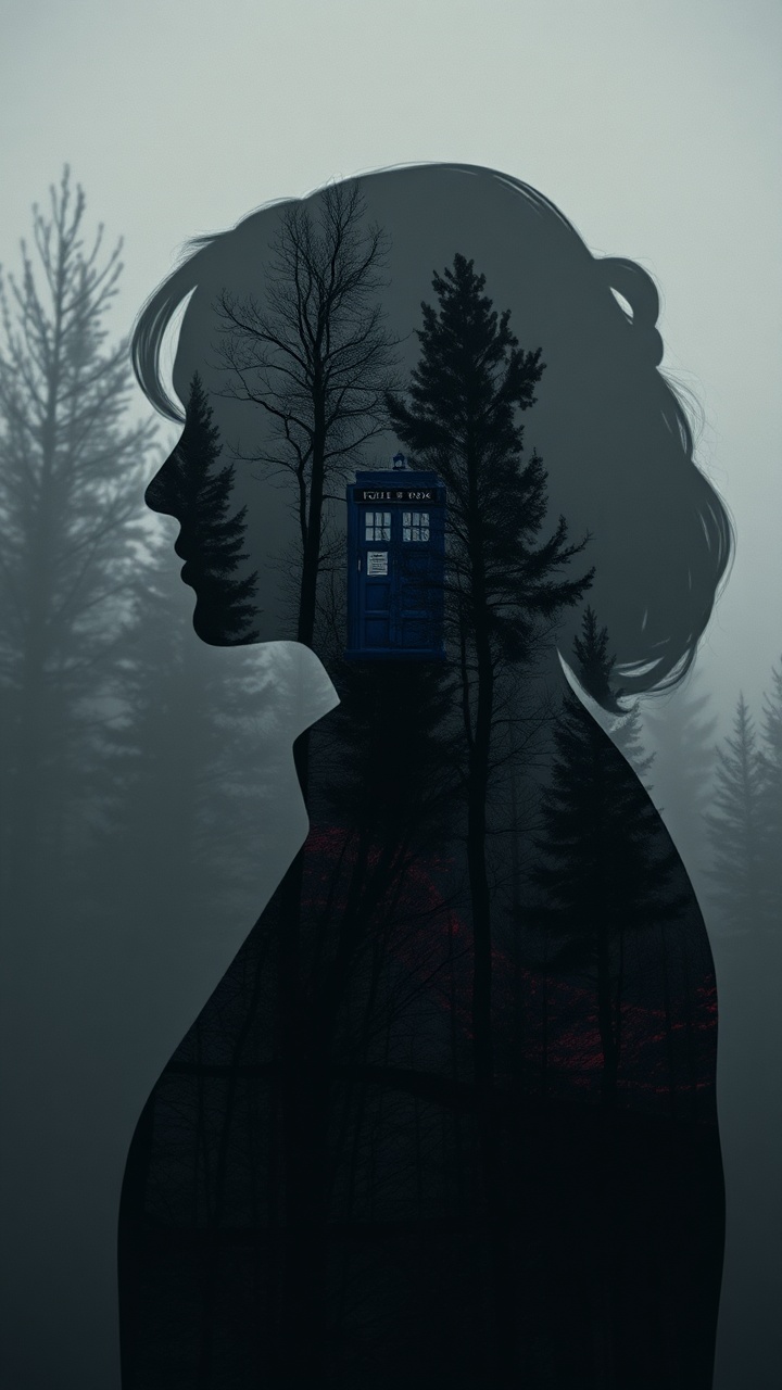 AI generated image by FLUX.1-schnell: Double exposure on dark grey silhouette of Sarah Jayne Smith, dual exposure on silhouette only; multi layered image in red, black, white.  Distant  woodland.  blue 1970s TARDIS within double exposure, intricate double exposure, hyperdetailed. Photorealistic