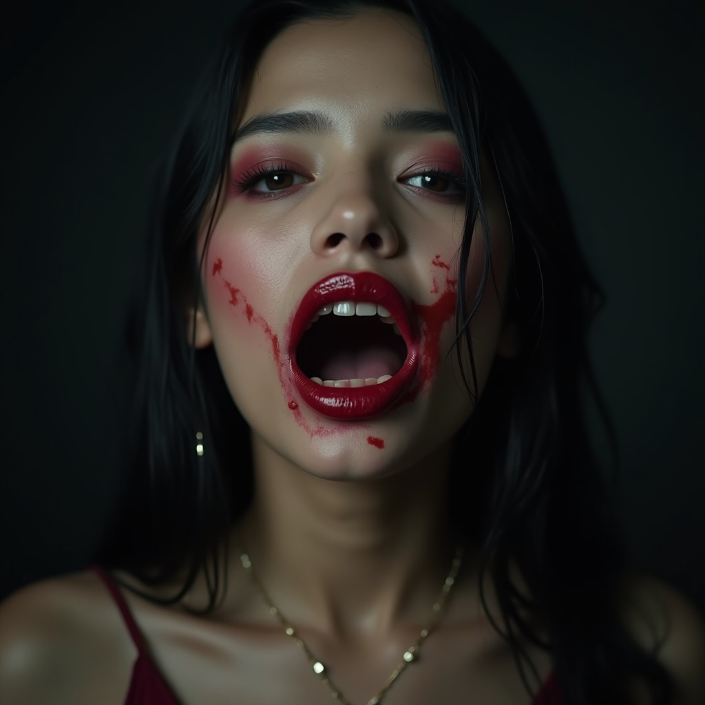 AI generated image by FLUX.1: She the most beautiful Sundel Bolong girl and she is shot to dead by many enemies. Lot of details, high quality, 15k, View from far away on the vampire girl dying, Real wounds. Ultra realistic photo, Middle Indonesian girl, Perfect face, lips, mouth and whole body. She is knelling wounded in the