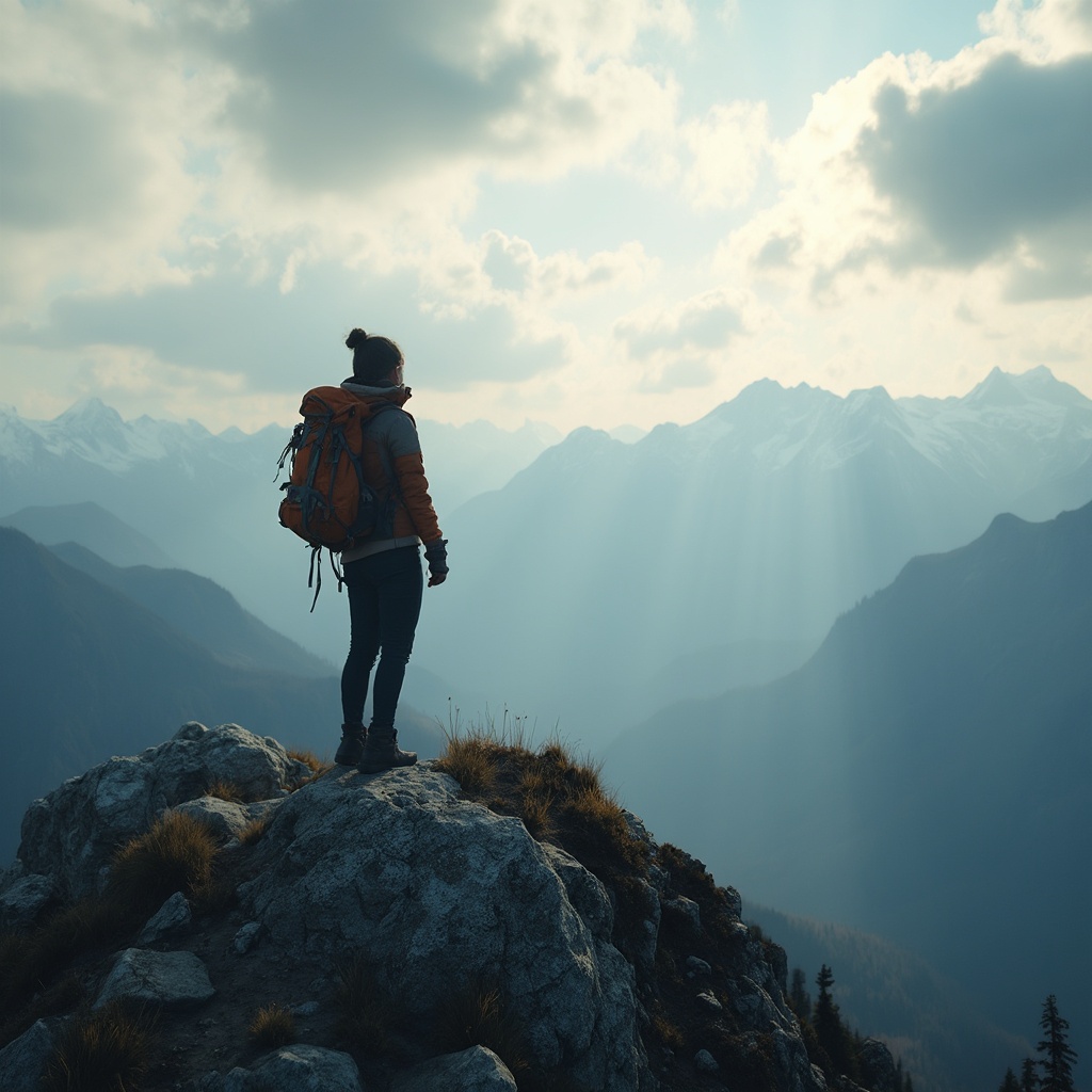 AI generated image by FLUX-Realism-Lora: A photorealistic image of a woman standing on a mountain peak, wearing outdoor hiking gear, relaxed pose, looking out over the vast horizon, snow-capped mountains in the distance. Dramatic clouds with sun rays breaking through, cool tones with soft natural light, high altitude atmosphere. Created Using: Canon EOS R5, realistic lighting, sharp focus, subtle contrast, 4K resolution, soft shadows, lens flare --ar 16:9 --v 6.0