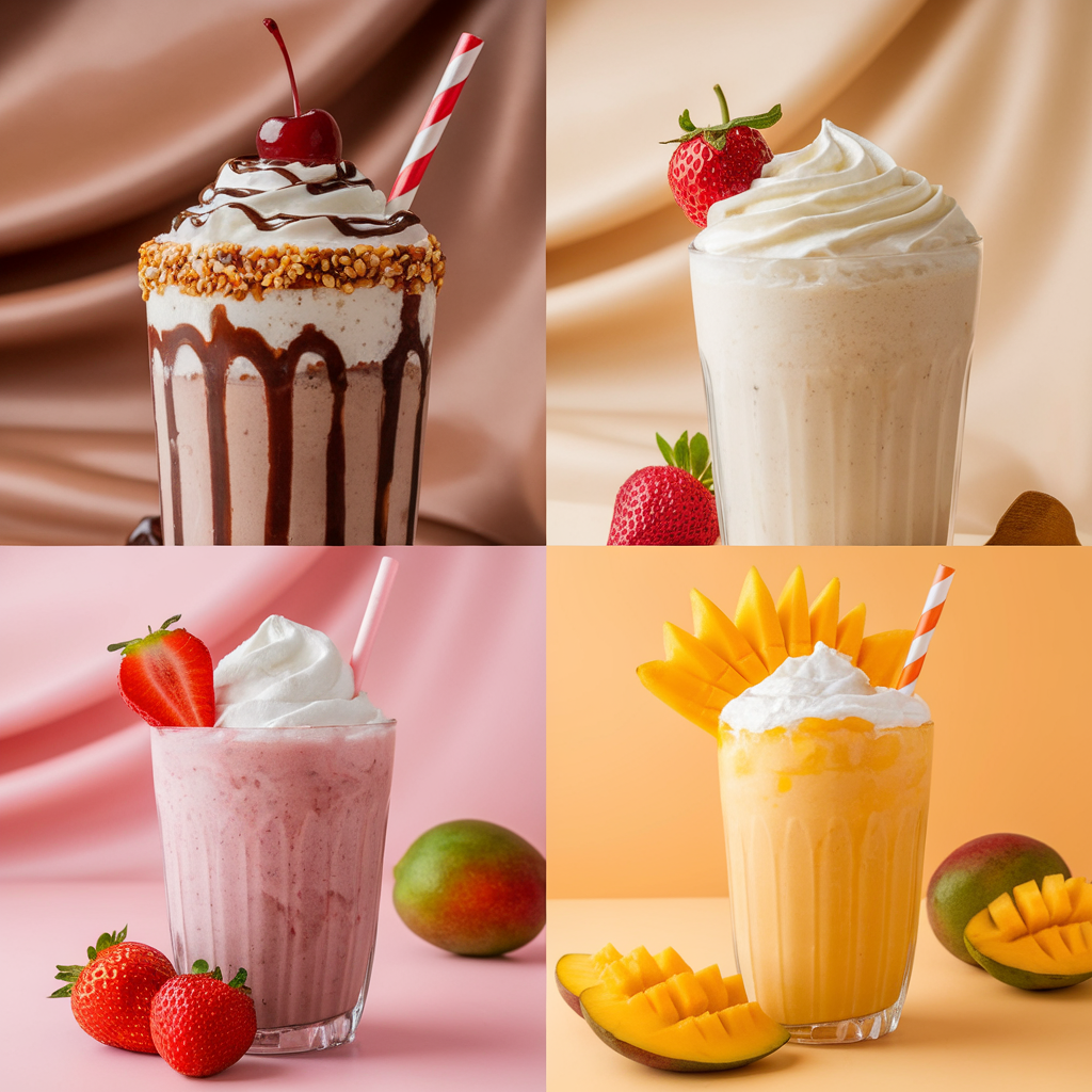 AI generated image by ideogram 2.0: Create a high-quality, natural photoshoot-style image of four milkshakes, each placed in its own individual section. The milkshakes should be:

Chocolate Milkshake: A rich, creamy chocolate milkshake, topped with whipped cream, drizzled chocolate syrup, and a cherry on top. The background should be a soft, light brown color that complements the chocolate tone.

Vanilla Milkshake: A smooth, creamy vanilla milkshake with whipped cream and a hint of vanilla bean flecks visible. The background should be a soft, creamy beige color that matches the vanilla tone.

Strawberry Milkshake: A fresh, vibrant strawberry milkshake, topped with whipped cream and a few whole strawberries as decoration. The background should be a soft, light pink color that reflects the strawberry flavor.

Mango Milkshake: A bright, refreshing mango milkshake, topped with whipped cream and a slice of fresh mango. The background should be a soft, warm yellow color that matches the mango’s rich hue.

The images should look realistic, like professional photos taken with good lighting and minimal editing, focusing on the milkshake as the hero of each frame, with a plain solid background in their respective color