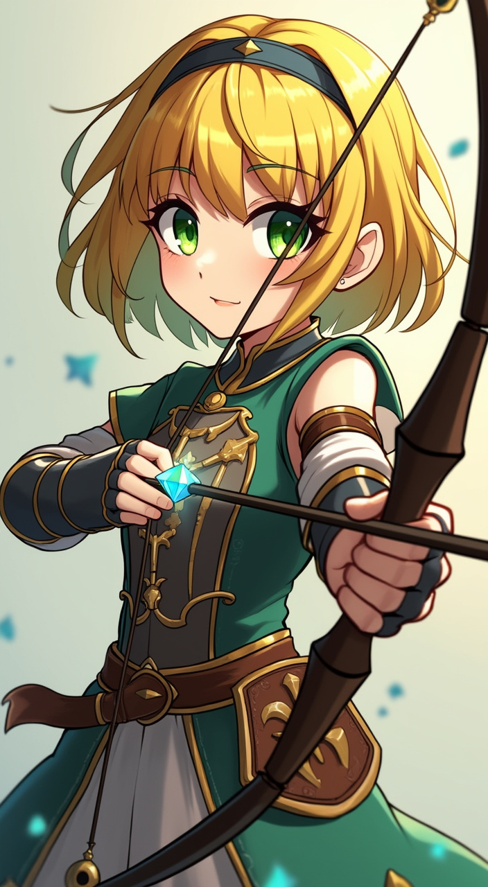 AI generated image by FLUX.1-pro: world flipper art style, 1 girl archer short yellow hair with green eyes fantacy cloth with armor, standing,a crystal in the middle of the bow, 