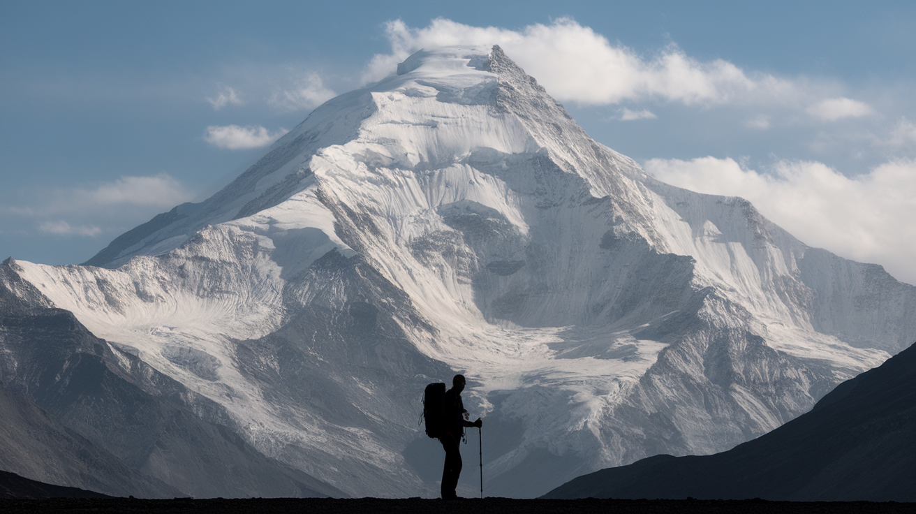 AI generated image by ideogram 2.0: A dramatic, wide-angle shot of a majestic, snow-capped mountain peak, with a tiny, silhouetted hiker in the foreground, photorealistic landscape photography