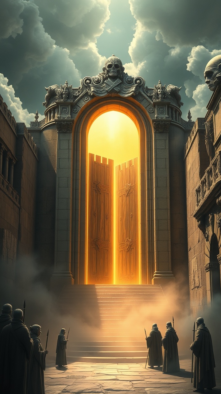 AI generated image by FLUX.1-schnell: 
Las puertas cerradas para los impuros Una gran puerta dorada resplandeciente en el cielo, cerrada del lado de la oscuridad, con figuras tristes y arrepentidas afuera.