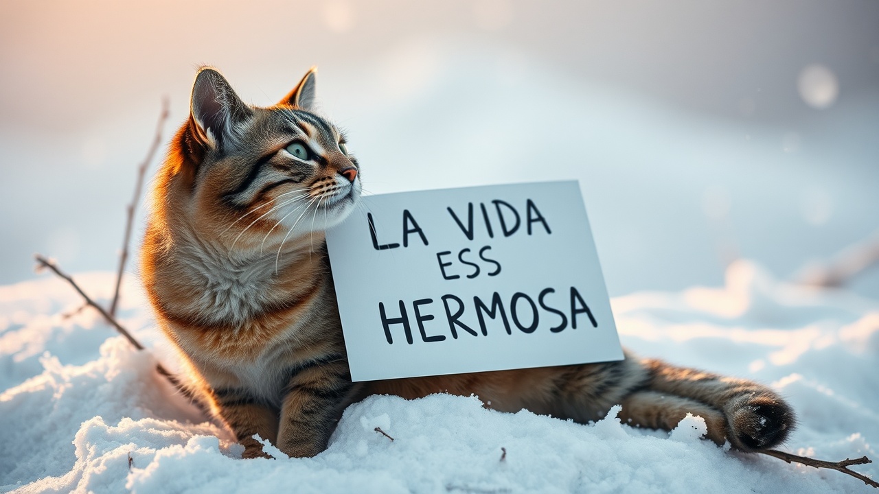 AI generated image by FLUX.1-schnell: n gato sostiene un cartel con el texto "LA VIDA ES HERMOSA", invierno, nevando, cima de la montaña
