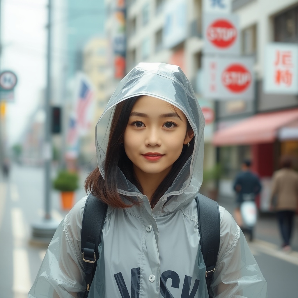 AI generated image by FLUX.1-schnell: 1 Asian girl wearing a transparent raincoat on the street