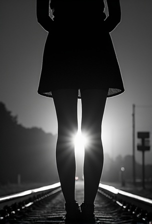 AI generated image by FLUX.1-image-to-image: A black-and-white central compositioned closeup photo at night. The silhouette of a woman's legs stands with her back to the camera on railroad tracks, facing the background. A spotlight from the background shines between her legs. dramatic backlit lighting