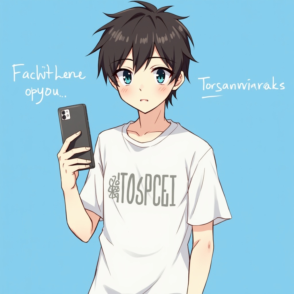 AI generated image by FLUX.1: solo, short hair, shirt, dark brown hair, 1boy, holding, upper body, short sleeves, male focus, parted lips, english text HUAWEI oppai, white shirt, t-shirt, blue theme, blue eyes, looking at viewer
