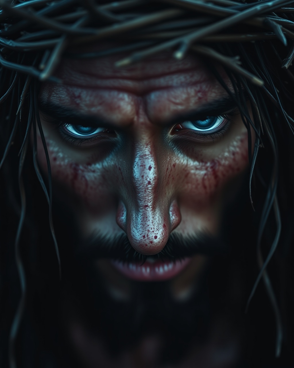 AI generated image by FLUX.1-schnell: A close-up, emotionally intense cinematic scene depicting a figure resembling Jesus, crowned with thorns and bearing a deeply expressive look of sorrow and resilience. The camera initiates a smooth, slow dolly-in toward his face, capturing the raw, hyper-detailed texture of his skin, streaked with traces of blood, and the dark, wet strands of his hair clinging to his face, amplifying the sense of suffering and solemnity. His piercing blue eyes gaze forward with a haunting mixture of pain and compassion, reflecting an almost ethereal light that contrasts starkly with the muted, cool tones of the background, which hints at an overcast, desolate landscape. The crown of thorns, meticulously detailed with sharp, twisted branches, casts subtle shadows across his forehead, enhancing the realism and the symbolic weight of sacrifice. The lighting is dim and diffused, creating a somber, almost twilight atmosphere, with shadows accentuating the contours of his face and highlighting the depth of his expression. The weathered, wooden cross partially visible beside him is rich in texture, emphasizing the harshness of his surroundings. Filmed with IMAX quality, the scene captures every minute detail, from the moisture on his skin to the sharpness of each thorn, creating a hyper-realistic portrayal of endurance and faith. The camera holds the moment, immersing the viewer in the character’s emotional state, as if time has slowed, capturing the solemnity of this profound, cinematic moment in ultra-high-definition photorealism.