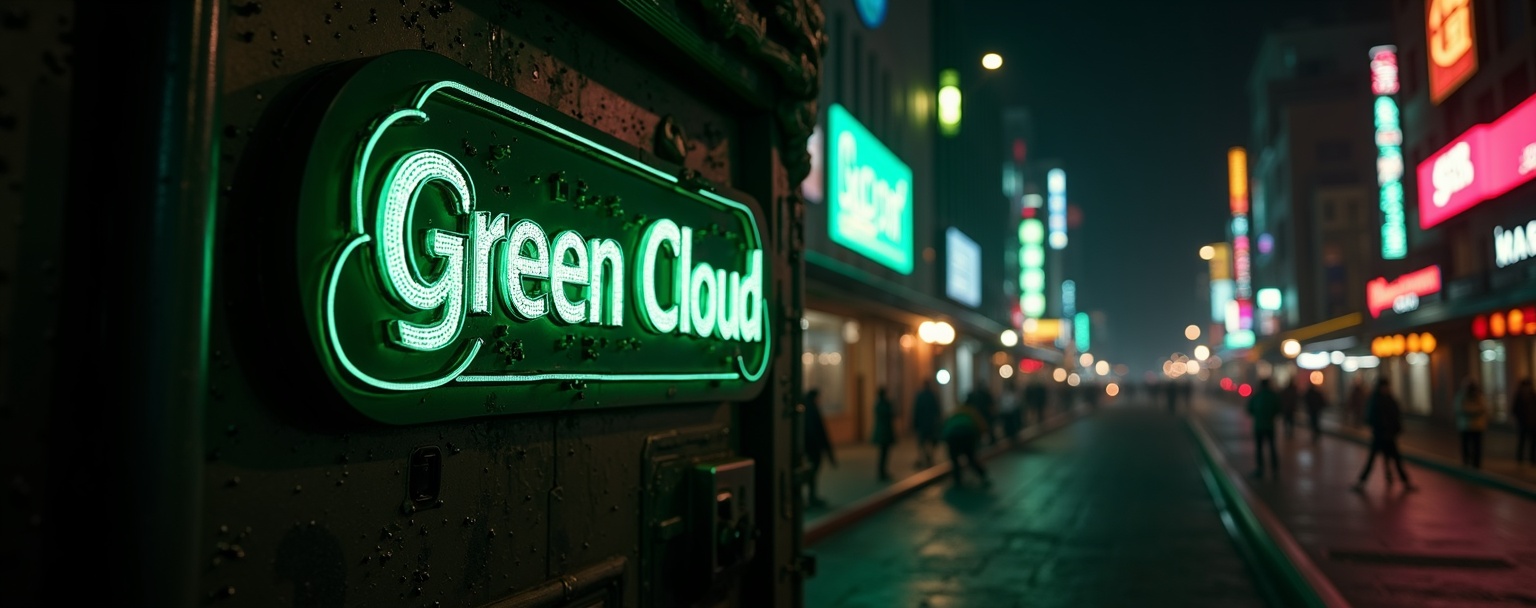 AI generated image by FLUX.1-image-to-image: Big Banner with text "Green Cloud Render" and Small Banner text "RTX4090", stylized cyberpunk font. Background cyberpunk cityscape at night, a photo with intricate details and vibrant colors. Hard lighting and neon signs illuminates the metallic, glossy, and reflective surfaces. Cinematic color grading, 16K resolution, telephoto lens, large aperture, and underexposed settings enhance the futuristic mood.