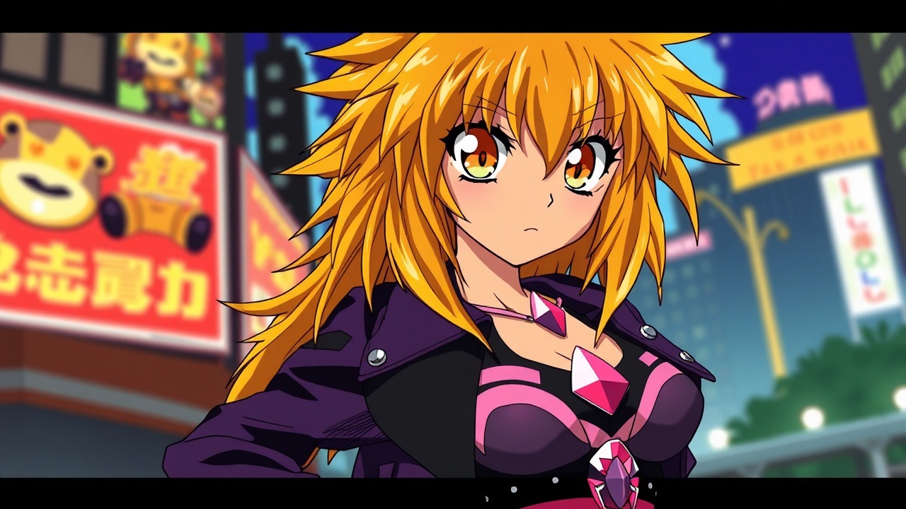 AI generated image by FLUX.1-schnell: 
Go back
anime art by ryuichi makino, as gaogaigar character, 1997 anime style tv show screencap screenshot, golden orange eyes, big cartoonish eyes, golden yellow orange fallen grungy messy hair, big lionhair style, long messy spiky hair fringe bangs, tanned skin, purple black leather jacket, purple black leather pants, studded pink belt, black sport bra with pink and white designs, fit attractive femenine body with few muscular abs, woman, pink gem navel piercing, big femenine chest, city background, talking to you