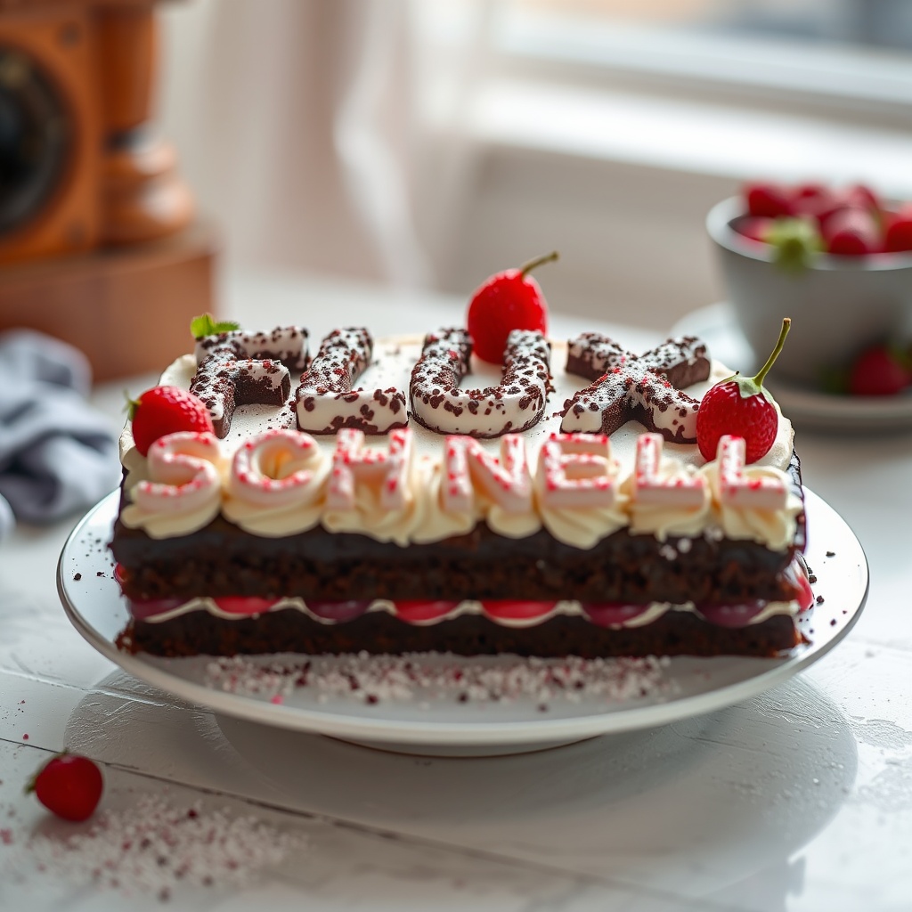 AI generated image by FLUX.1-schnell: black forest gateau cake spelling out the words "FLUX SCHNELL", tasty, food photography, dynamic shot