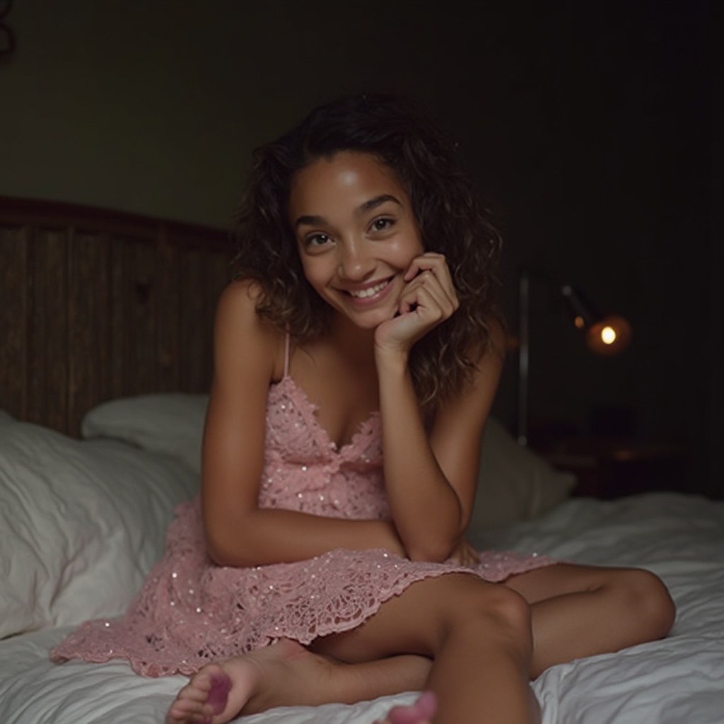 AI generated image by FLUX-Realism-Lora: A picture of  mature woman with slightly brown skin, brown eyes.  sitting on a bed with her back at the wall of the bed,the girl is biting her lips slightly with a shy excite look and smile at the camera, she is wearing a  pink lace dress, her hands and feet toes are colored in pink  , the bed is made of soft material. and the room is dark except from a source of light from a light bulb beside the bed. 