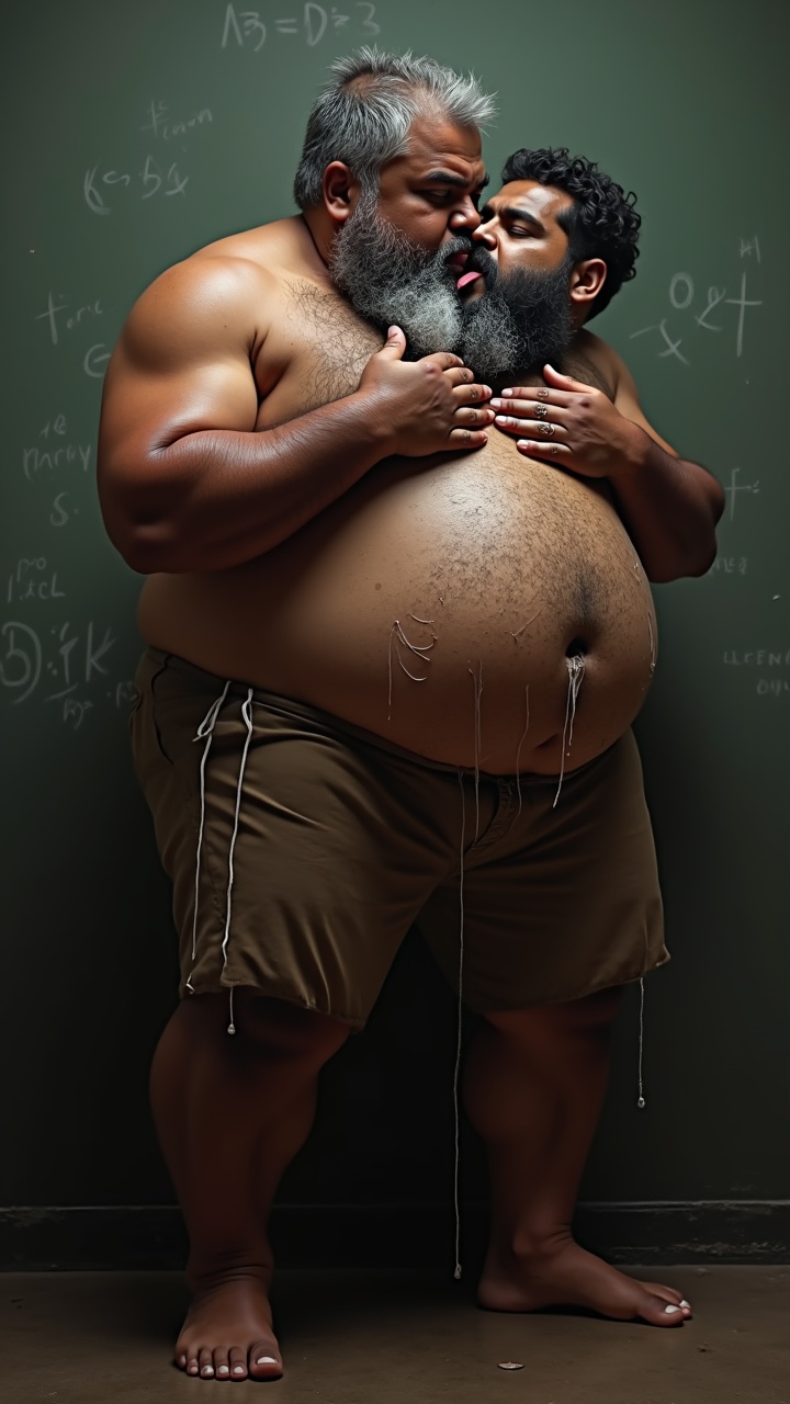 AI generated image by FLUX.1: Danny who is a big pot bellied, obese, dark skinned, hairy, grey haired, lustful, macho, matured hairy dark Tamil alpha male math teacher with thick eyebrows, full plump lips, thick beard and very big beefy and muscular chests is holding Tommy, a stocky student. Danny and Tommy are having a secret affair after class. Both Danny and Tommy are completely naked without clothes on and wet all over. Tommy is caressing Danny's masculine, hairy, big, fat, dark skinned pot round belly with a big belly button. Danny's dark skinned big hairy belly has a big round belly button that is deep. Danny also has fat beefy thighs and big feet. Danny is hugging Tommy very close with both his big strong arms and is spitting a lot of wet strands of saliva with in Tommy's wide open mouth who is sticking his tongue out for Danny. The saliva runs down all over Danny's beard, his big hairy belly, thick thighs and his thick feet. Danny has a thick, erect penis with  low hanging scrotum which is drenched in saliva.
