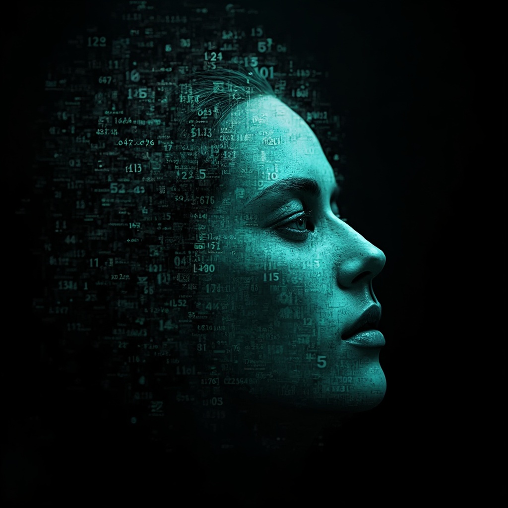 AI generated image by FLUX-Realism-Lora: Ada Lovelace's face as a digital mask made from thousands of turquoise numbers and formulas forming his face. the formulas and numbers fly behind the mask leaving a trail of complexity. the mask is floating dynamically in mid air. his head is turned to the right but his eyes are looking directly into the camera. the mask is on a black background.  like a png with black only background. photo realistic, sci-fi, human features hair