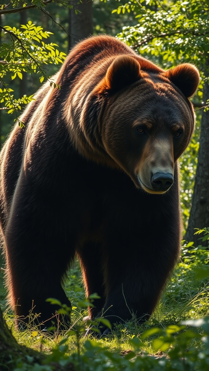 AI generated image by FLUX.1-schnell: A massive brown bear lumbering through a lush, green forest, sunlight dappling through the leaves. Its heavy frame is captured in motion, turning its head slightly. Realistic, immersive nature shot

