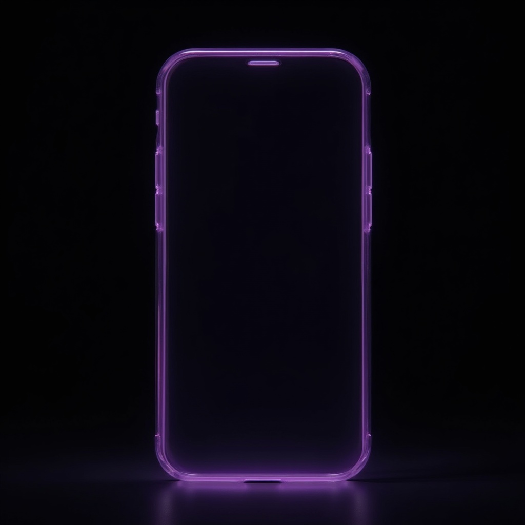 AI generated image by FLUX-Realism-Lora: A photorealistic image of an invisible iPhone 16, where only the frame outlines are visible. The frame should have a sleek, modern purple glow, subtly illuminating against the dark background. The overall background is completely black, ensuring strong contrast and making the glowing purple frame stand out. The phone's form should be clearly recognizable with its expected edges, curves, and button placements while maintaining the illusion of invisibility in the interior.