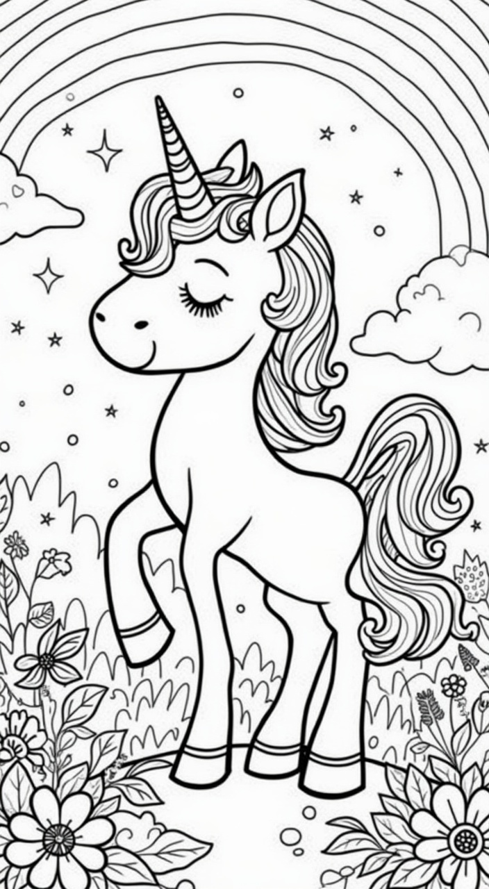 AI generated image by FLUX.1-pro: Black and white line art illustration of a cute and magical unicorn, ideal for a children's coloring book. The unicorn should be the main focus, with clear, bold outlines and no background. Style should be whimsical, clean, and detailed but not overly complex, making it easy and fun to color. Avoid shading, gray areas, or too much intricate detail. Suitable for kids aged 4 to 10. Use a variety of unicorn poses and settings (e.g., flying, sleeping, standing, with stars, clouds, flowers, or rainbows). Size A4, 300 DPI, printable quality.