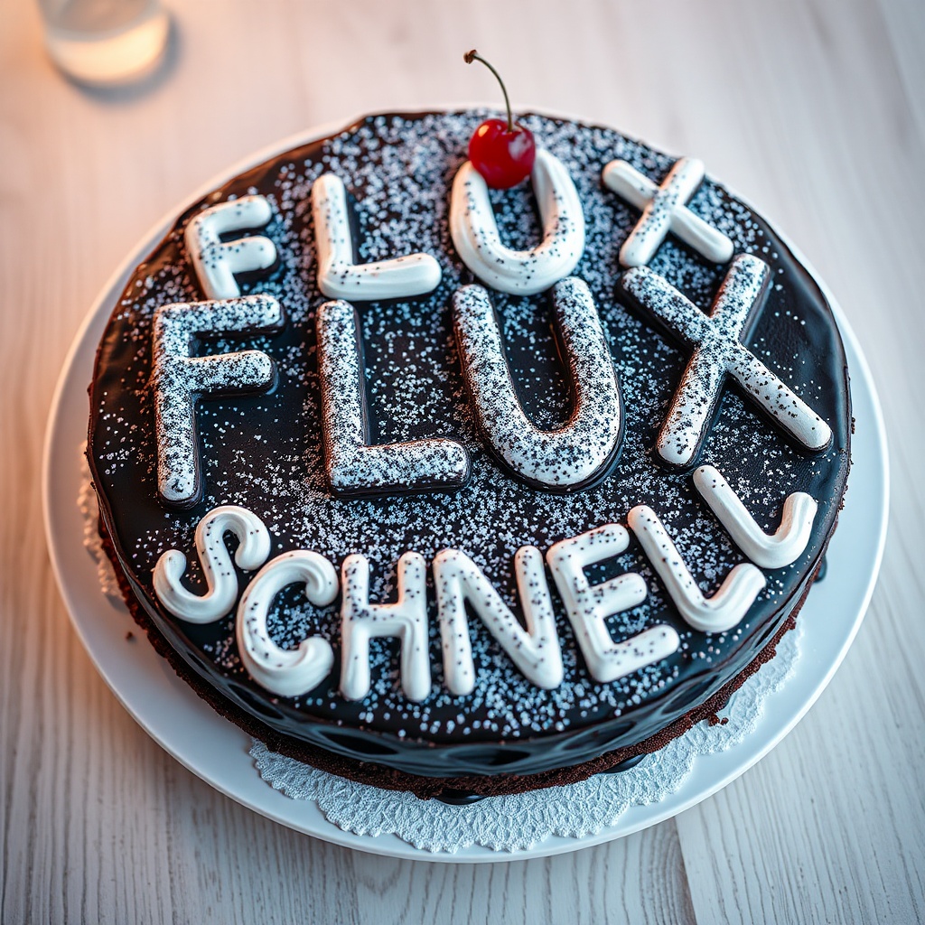 AI generated image by FLUX.1-schnell: black forest gateau cake spelling out the words "FLUX SCHNELL", tasty, food photography, dynamic shot