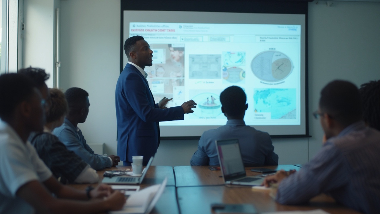 AI generated image by FLUX-Realism-Lora: A photographic image of a realistic picture of a 35 year old Ugandan man, normal stature, well kempt hair, professional looking, conducting a radiation safety training. He is in a navy blue jacket presenting to a diverse group of healthcare professionals in a modern training room. The whole audience are ugandan medical professionals. Projection screen showing radiation protection diagrams, trainer pointing to the screen in an expressive and fun way. Engaging educational setting in Uganda. The audience is alert and attentive