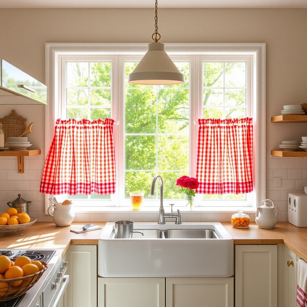 AI generated image by FLUX.1-schnell: a sunny modern kitchen with red gingham cafe curtains