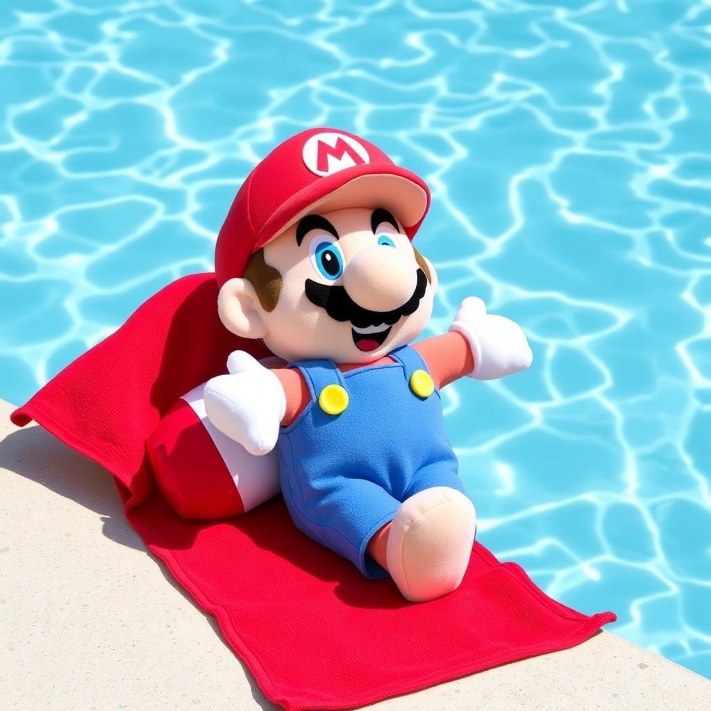 AI generated image by FLUX.1-schnell: Mario Plush Swimming Pool Red Towel Beach Ball