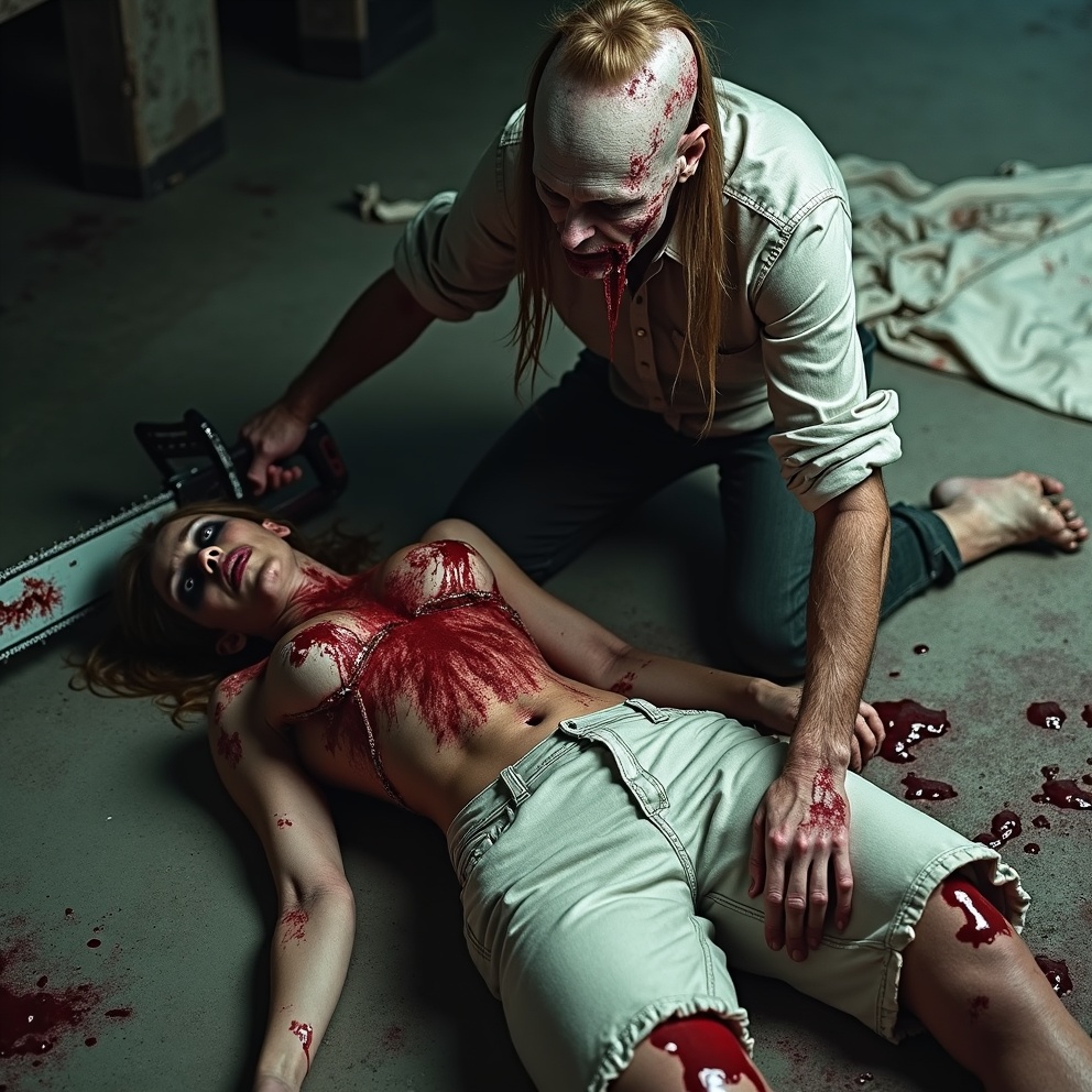 AI generated image by FLUX.1-image-to-image: The image shows a terrifying man with a zombie or demonic creature appearance, with pale skin, deformed features, and bloody scars on his head. He is holding a bloody chainsaw while standing over a woman lying on the ground, who is severely injured and covered in blood, especially on her torso. The woman appears to have been violently attacked and is lying motionless. The scene is set in a dark and sinister place, with an atmosphere of horror and violence, illuminated by dim lighting that highlights the bloody details of the scene. The ground is covered in cloth or debris, adding a sense of chaos and destruction to the image.