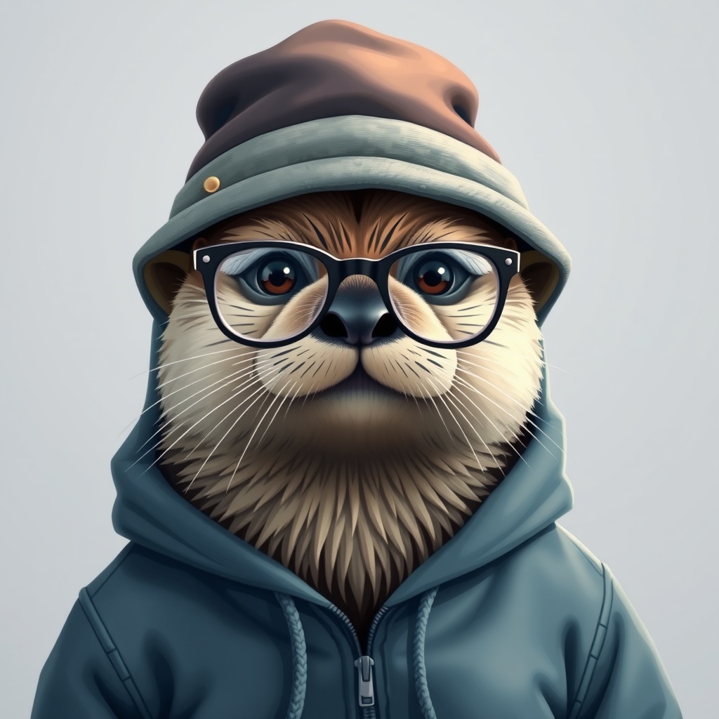 AI generated image by FLUX.1-schnell: The anthropomorphic sea otter wearing glasses is wearing a hoodie and a hat