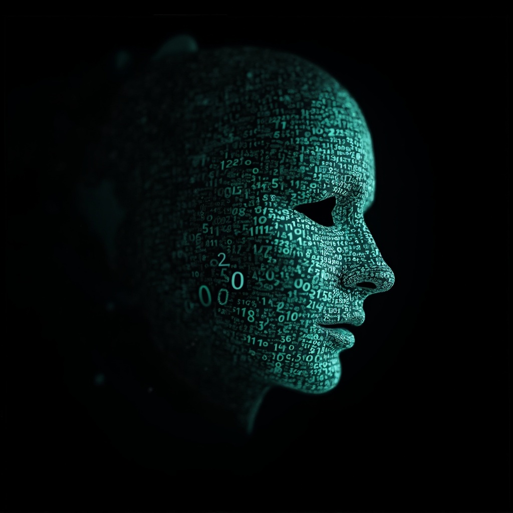 AI generated image by FLUX-Realism-Lora: Ada Lovelace's face as a digital mask made from thousands of turquoise numbers and formulas forming his face. the formulas and numbers fly behind the mask leaving a trail of complexity. the mask is floating dynamically in mid air. his head is turned to the right but his eyes are looking directly into the camera. the mask is on a black background.  like a png with black only background. photo realistic, sci-fy