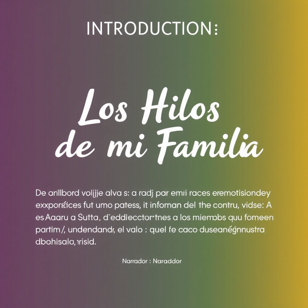 AI generated image by FLUX.1-schnell: SLIDER 1: INTRODUCCIÓN
Narrador: “Los Hilos de mi Familia” es un viaje por las
raíces emocionales y culturales que forman parte de
nuestras vidas. A través de las experiencias de Amaru y
Ñusta, descubrimos a los miembros que componen nuestro
ayllu (familia), entendiendo el valor de cada uno y el rol
que desempeñan en nuestra identidad.
