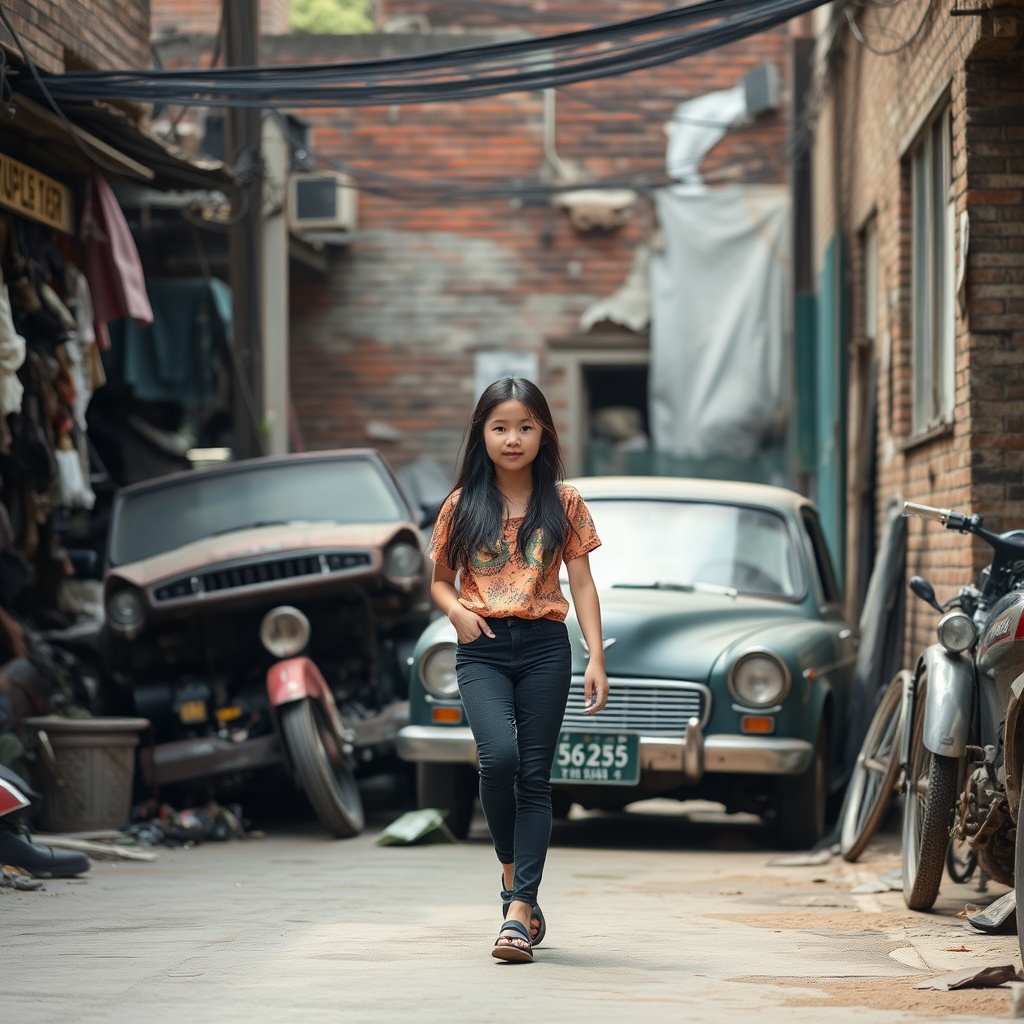 AI generated image by FLUX.1-schnell: Beautiful teenage girl of Thai-Korean descent walking in the alley Among the places selling old parts And there are old car wrecks. wall park Decayed brick construction In the Thai-Chinese community area
