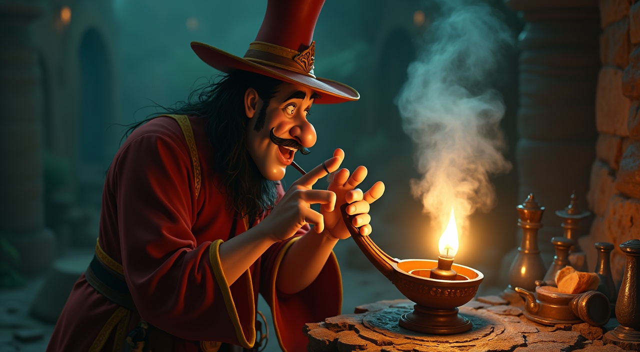 AI generated image by FLUX.1-pro: genio de la lampara de aladino, fumando con cara de enojo