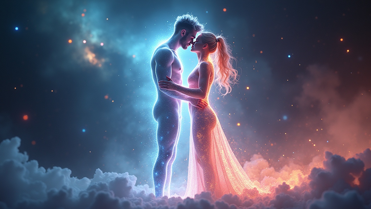 AI generated image by FLUX.1: a beautiful ethereal and colorful image of a man and a woman in the nude in an energetic form and shape, their bodies are composed of pure light, they face each other in deep space surrounded by stars, nebulas, energy waves of different colors, they embrace each other and their white  aura of  light becomes one large aura that surrounds the outside of their bodies, from the white aura there are beautiful and colorufl rays of light shooting outward  in to space, their bodies come together and their lips touch in a kiss