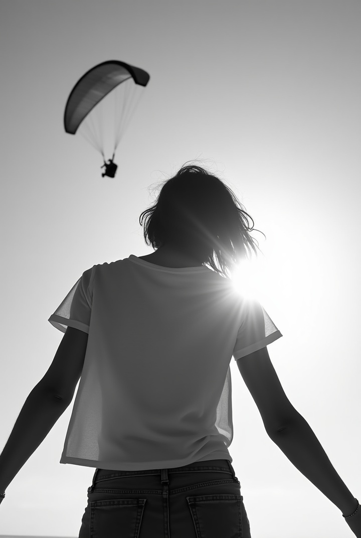 AI generated image by FLUX.1: Black and white photo of a sexy young woman from behind lifted her T-shirt to show her breasts to a paraglider flying overhead. Sky background. Backlight 