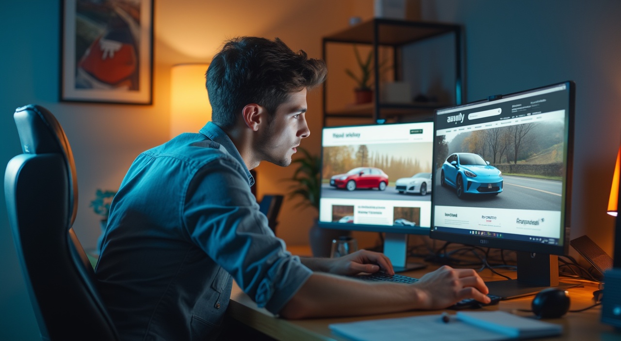 AI generated image by FLUX.1-pro: creates a hyper-realistic image of a young man at his desk from his computer, looking at web pages with car sales ads. he looks at the screen.