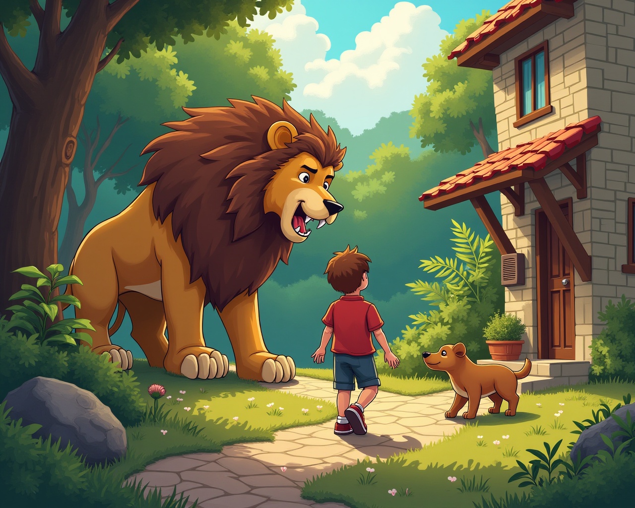 AI generated image by FLUX.1: a boy walking in the garden with his dog, suddently a monster lion come and attack the boy and his dog.