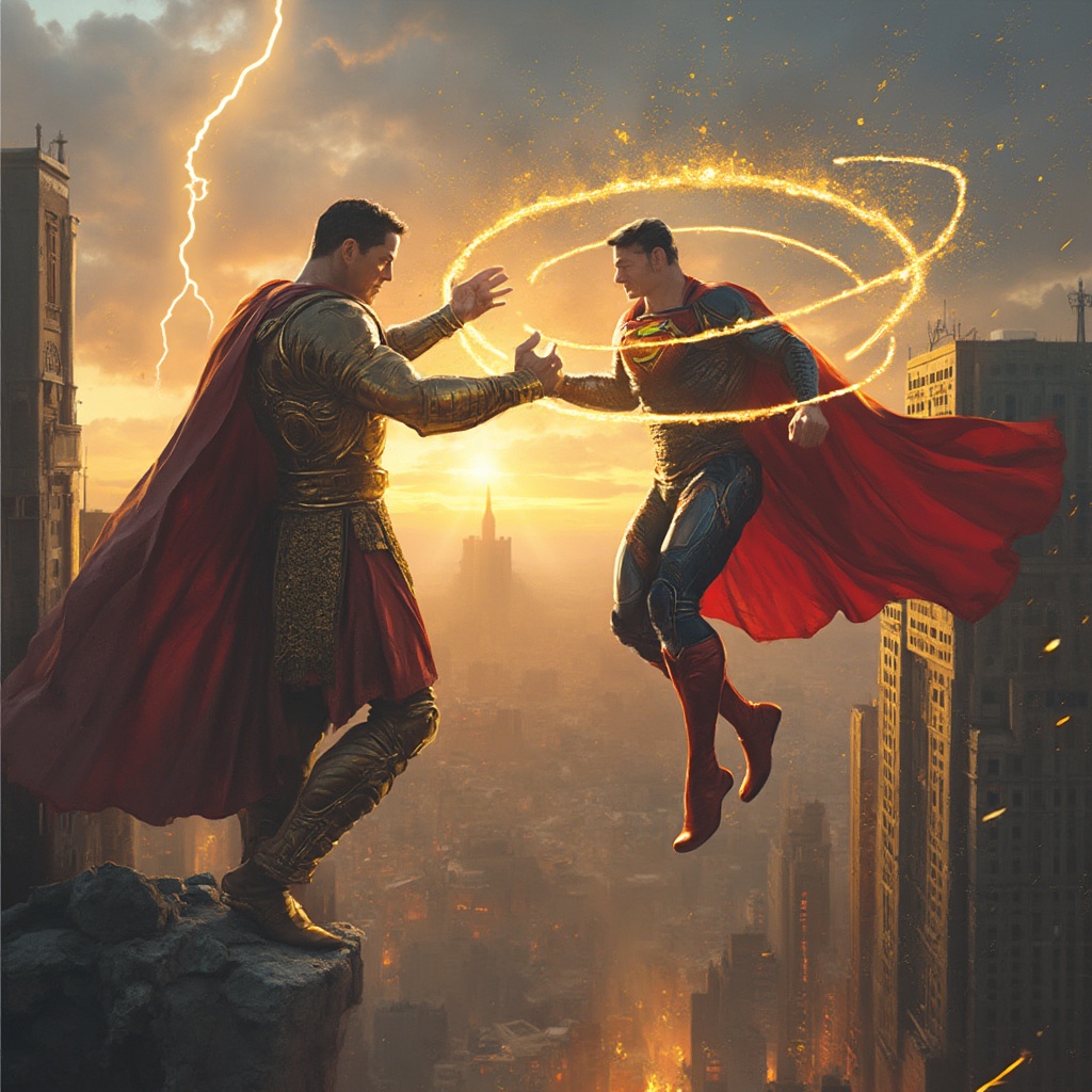 AI generated image by FLUX-Realism-Lora: An intense superhero battle scene set high above a shattered city skyline at dusk. A powerful male warrior in gold and cobalt Greek-inspired armor wields a glowing golden lasso, which has wrapped tightly around a Superman-like figure struggling mid-air. The lasso crackles with divine energy as truth forces pour into the captive’s eyes, revealing inner conflict and vulnerability. The warrior’s cape whips in the wind, his expression is focused and commanding. The Superman-like figure wears a red and silver suit with a flowing cape, his fists clenched as he resists the truth. Lightning splits the sky behind them, with floating debris and burning buildings below. Cinematic digital painting style with dramatic lighting, high detail, and epic tension.