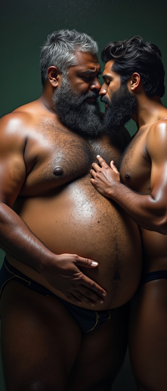 AI generated image by FLUX.1: Danny who is a big pot bellied, obese, dark skinned, hairy, grey haired, lustful, macho, matured hairy dark Tamil alpha male math teacher with thick eyebrows, full plump lips, thick beard and very big beefy and muscular chests is holding Tommy, a stocky student. Danny and Tommy are having a secret affair after class. Both Danny and Tommy are completely naked without clothes on and wet all over. Tommy is caressing Danny's masculine, hairy, big, fat, dark skinned pot round belly with a big belly button. Danny's dark skinned big hairy belly has a big round belly button that is deep. Danny also has fat beefy thighs and big feet. Danny is hugging Tommy very close with both his big strong arms and is spitting a lot of wet strands of saliva with in Tommy's wide open mouth who is sticking his tongue out for Danny. The saliva runs down all over Danny's beard, his big hairy belly, thick thighs and his thick feet. Danny has a thick, erect penis with  low hanging scrotum which is drenched in saliva.