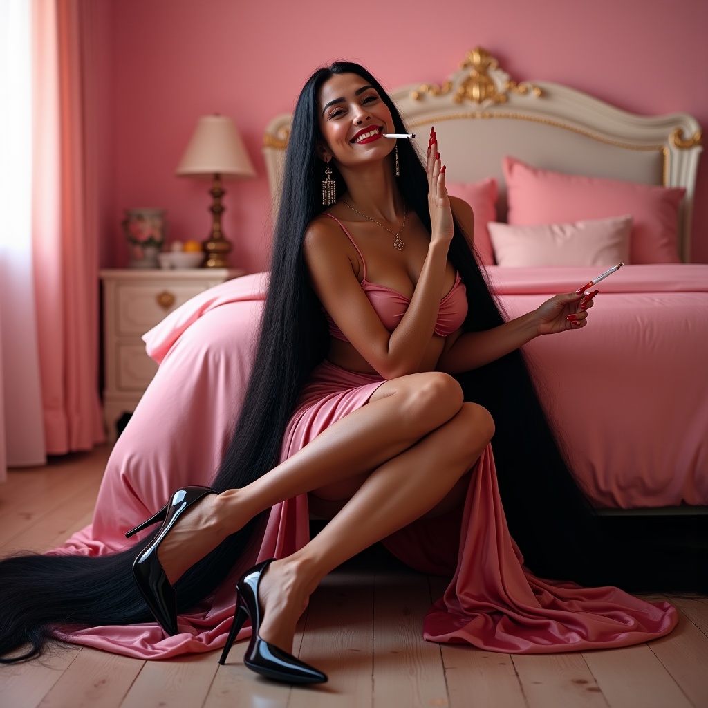AI generated image by FLUX.1: A petite, slim, pretty middle aged woman smoking, smiling like a Rapunzel, reminiscent of Gita Basra, with beautiful, very thick, voluminous black hair that reaches to the floor and lies on the floor. A full-length shot of a girl styled as a modern Rapunzel in a pink bedroom, exhaling smoke from a thin cigarette. She has wide hips and is wearing a luxurious short silk dress with a long flowing silk skirt that emphasizes her curvy figure and large breasts. Wearing shiny black shoes with extremely high 16 cm sharp heels, her legs are elegantly displayed in rust-colored black nylon tights. Her ultra-long beige hair, longer than Rapunzel's, spills onto the floor and bed. She has very sharp long red stiletto nails, large red lips with a bright shine and glitter, and long dangling earrings that reach her shoulders. The overall atmosphere captures a blend of elegance and boldness, infused with a dreamy pink aesthetic in the room. #00000005:0.8 #ij4klm5nop:0.24 #ab1cde2fgh:0.24 #b3i4x6u014:0.24
