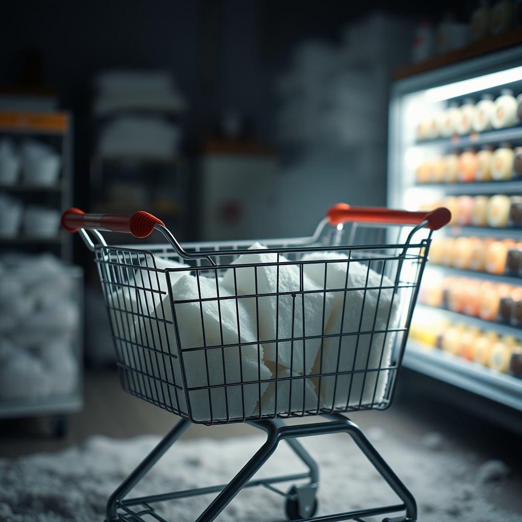 AI generated image by FLUX.1-schnell: all kinds of bath salt in a shopping cart ,with studio lighting,ambient 