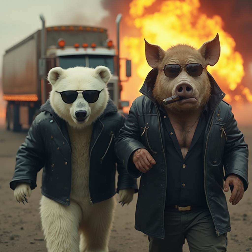 AI generated image by FLUX-Realism-Lora: Create a Grainy movie still encapsulating a dramatic, gritty action scene. A white polar bear and a rough-skinned pig, both anthropomorphized and hip-looking, are the characters of focus. The polar bear is flaunting a black leather coat, and both characters sport stylish shades. The pig is smoking a cigar. They strut forward against the backdrop of a fiery explosion of an oil tanker semi truck, evoking aesthetic elements often seen in popular high-octane action films of the 2000s. 

