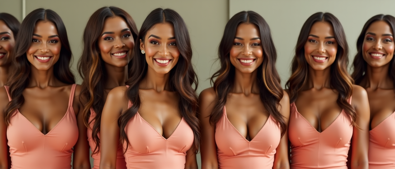 AI generated image by FLUX.1: a panoramic shot of a half-dozen smiling busty Rae Cambra clones wearing identical dresses, smiling, showing teeth, between five and eight clones