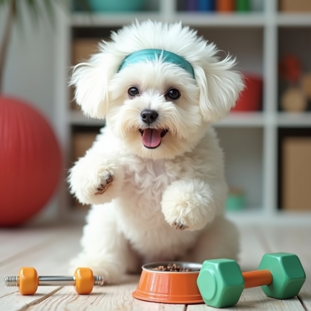 AI generated image by FLUX-Realism-Lora: Main Subject: A white Bichon dog exercising.

I emphasized that the Bichon is wearing a sporty headband on its forehead, adding a fun, workout vibe to the scene.
Props: Small dumbbell and food bowl in front of the dog.

These props reinforce the workout concept, suggesting that the Bichon is in the middle of a playful exercise session.
Background: A home gym-like setting.

The image is set to be bright and cheerful, with the fluffy white fur of the Bichon standing out against the colorful workout props for better contrast and focus.
