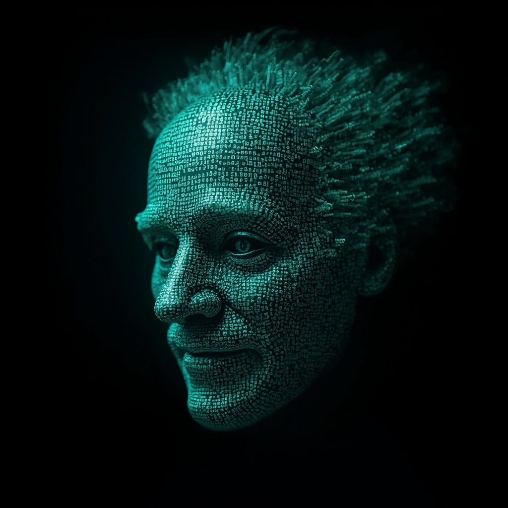 AI generated image by FLUX-Realism-Lora: Richard Feynman's face as a digital mask made from thousands of bright turquoise numbers and formulas forming his face. The formulas and numbers fly behind the mask leaving a trail of complexity. The mask is floating dynamically in mid air. His head is turned to the right but his eyes are looking directly into the camera. The mask is on a black background. Like a png with black only background. Photo realistic, sci-fy
