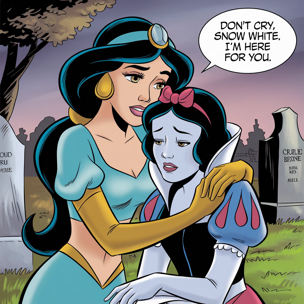 AI generated image by ideogram 2.0: Lesbians princesse jasmine happy hug hands the heade princesse snow white very crying Wail hug the arms princesse jasmine cemetery funeral amoureuse et se discuter réconforter sa femme se parler dans des bulles de bandes dessinées française