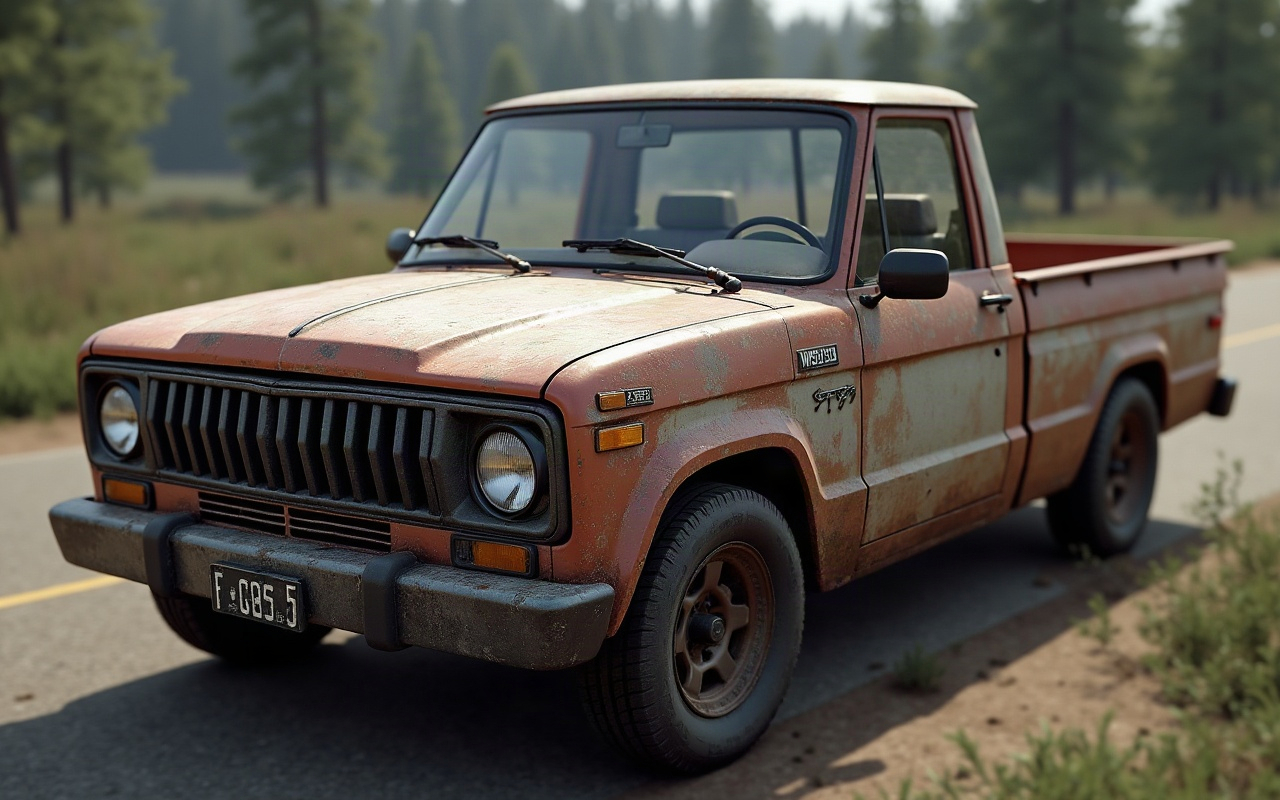AI generated image by FLUX.1-image-to-image: Photorealistic transformation of this exact game screenshot. Preserve the exact vehicle shape, proportions, position, camera angle and composition. Replace game-like textures with realistic metal, paint, dirt, scratches and physically accurate materials. Realistic natural lighting, shadows, atmospheric perspective, realistic ground and vegetation, detailed photographic textures. Make it look like a real photograph of the same vehicle, not concept art. Do not redesign or alter the vehicle.