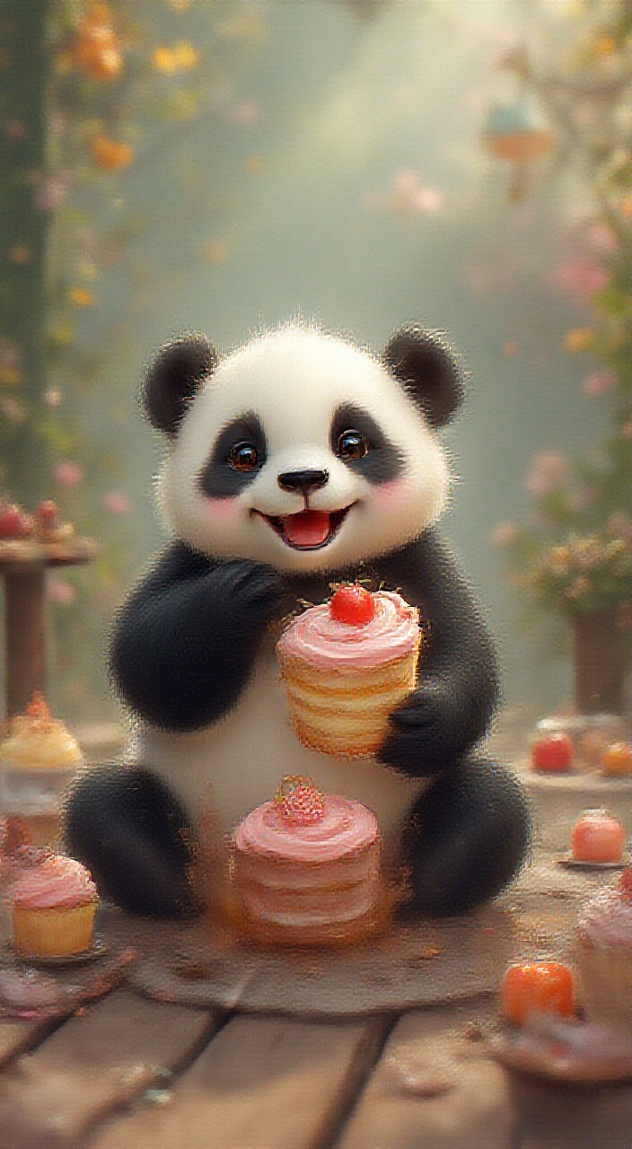 AI generated image by FLUX.1-pro: A cute, chubby baby panda joyfully eating a layered slice of cake on a wooden deck surrounded by colorful and whimsical desserts, including cupcakes with pastel frosting and sprinkles, fruit tarts, and candy scattered around. The panda has a cheerful expression, fluffy fur, and is seated comfortably with tiny paws holding the cake. The background features a cozy outdoor café setting with soft natural lighting, lush greenery, and a warm, inviting atmosphere. Hyper-realistic, ultra-detailed, vibrant colors, soft focus on the background, perfect for a children’s storybook illustration.
