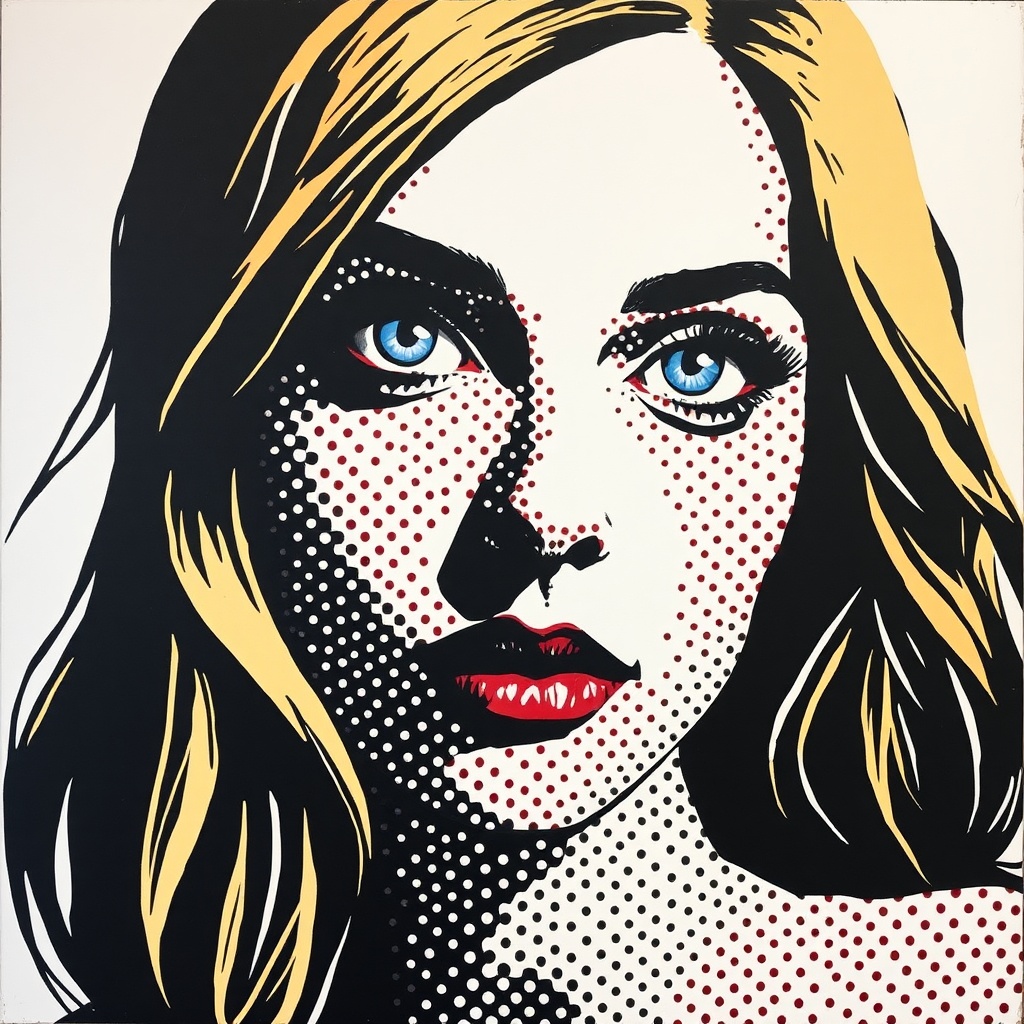 AI generated image by FLUX.1-schnell: Dot Painting of a woman with blue eyes in the style of Roy Lichtenstein